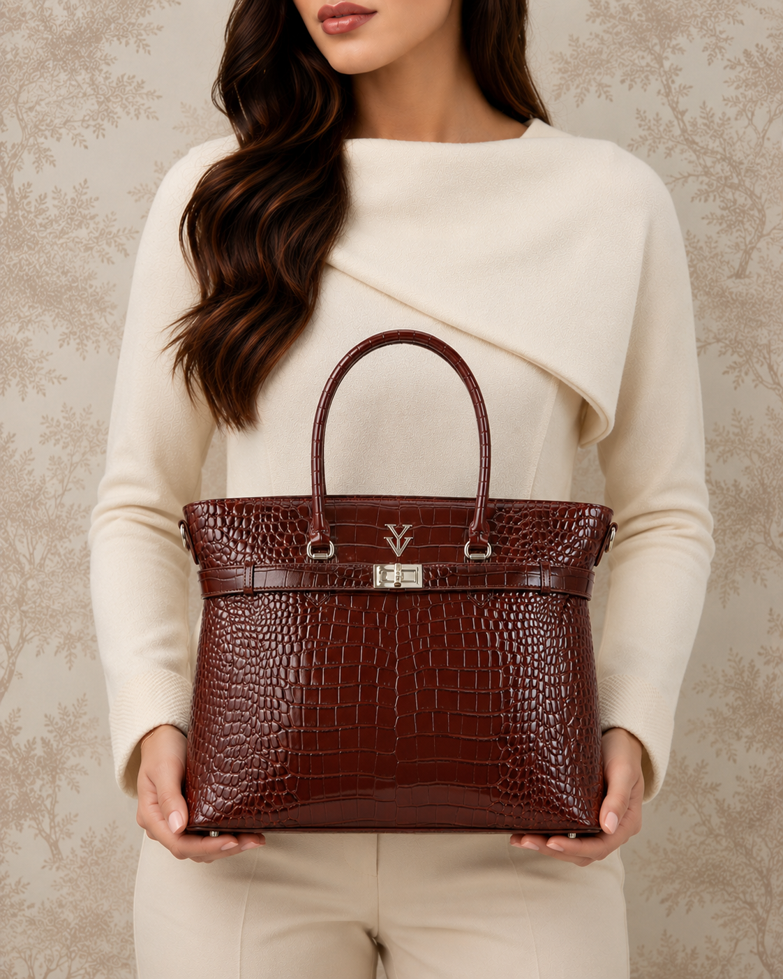 RIMA Large Genuine Crocodile Leather Designer Tote Handbag - Mahogany