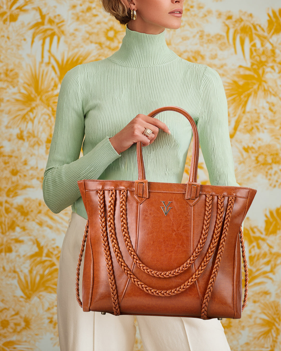 ROMINKA Large Genuine Leather Designer Tote Handbag with Braid Decoration