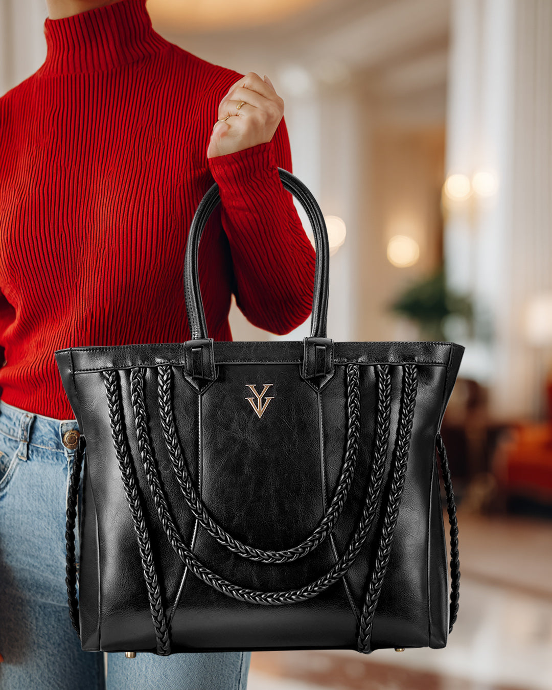 ROMINKA Large Genuine Leather Designer Tote Handbag with Braid Decoration