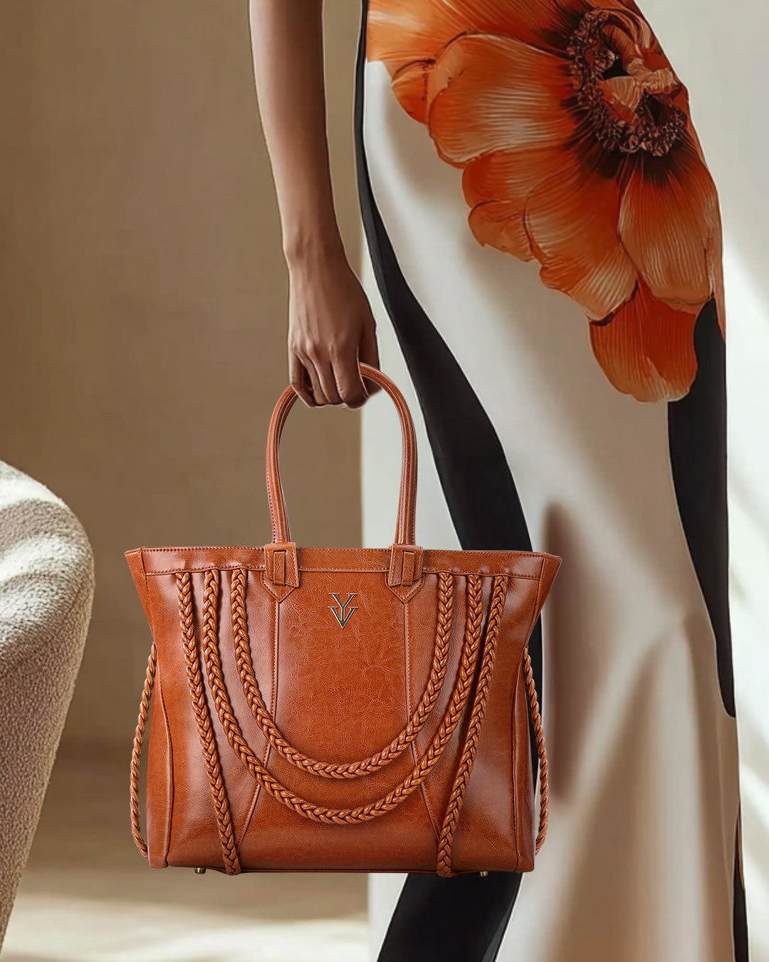 ROMINKA Large Genuine Leather Designer Tote Handbag with Braid Decoration