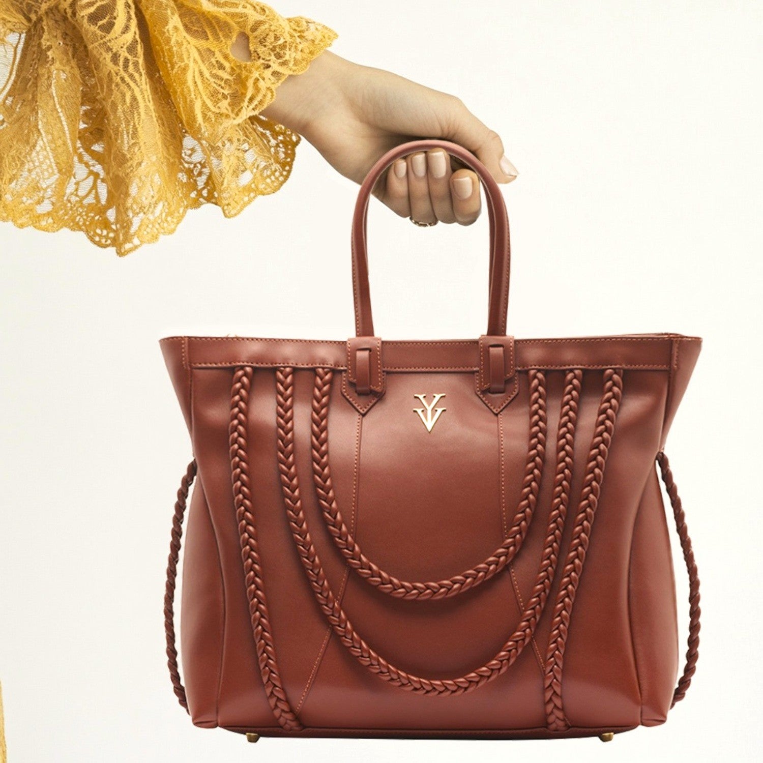 ROMINKA Large Genuine Leather Designer Tote Handbag with Braid Decoration