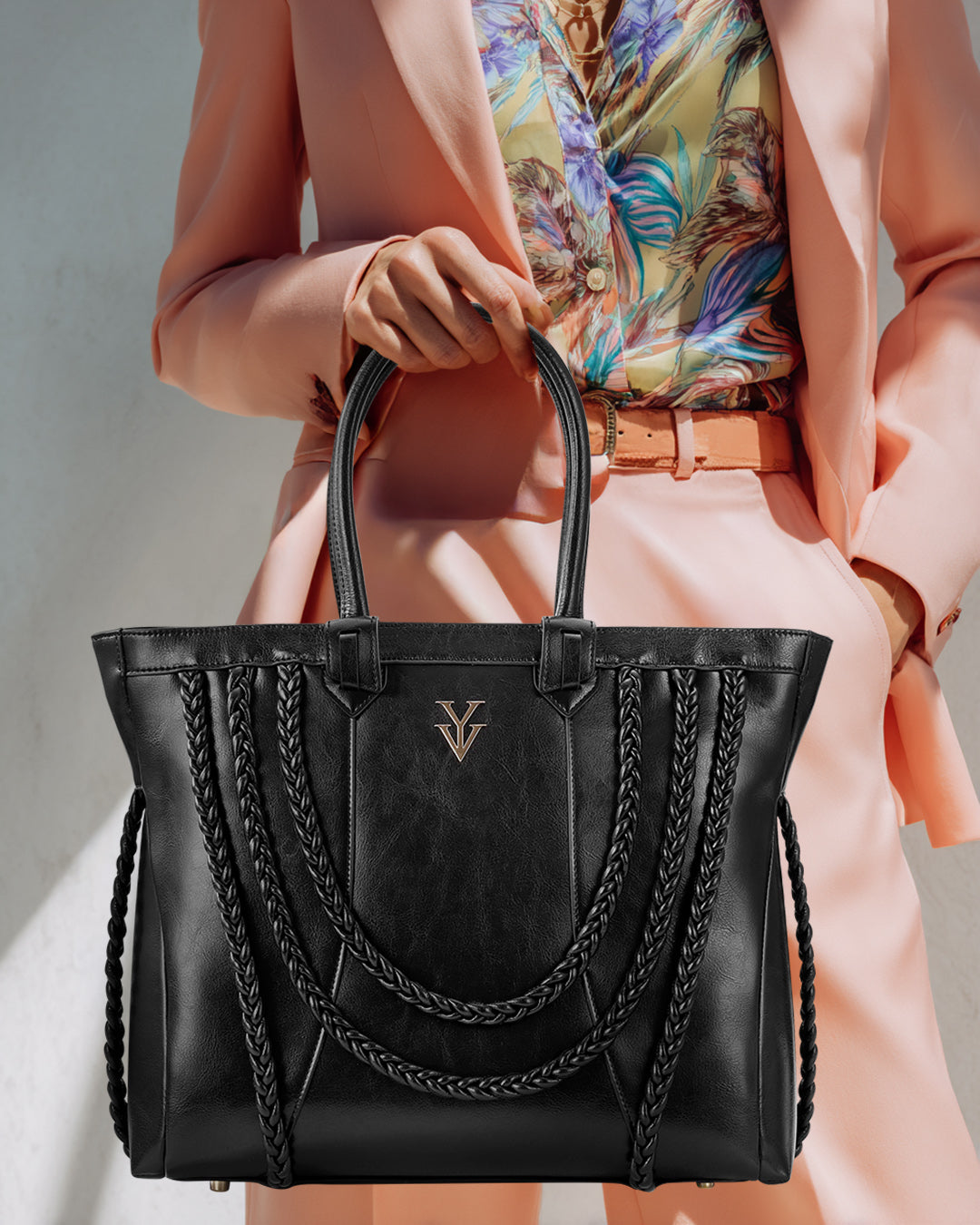 ROMINKA Large Genuine Leather Designer Tote Handbag with Braid Decoration