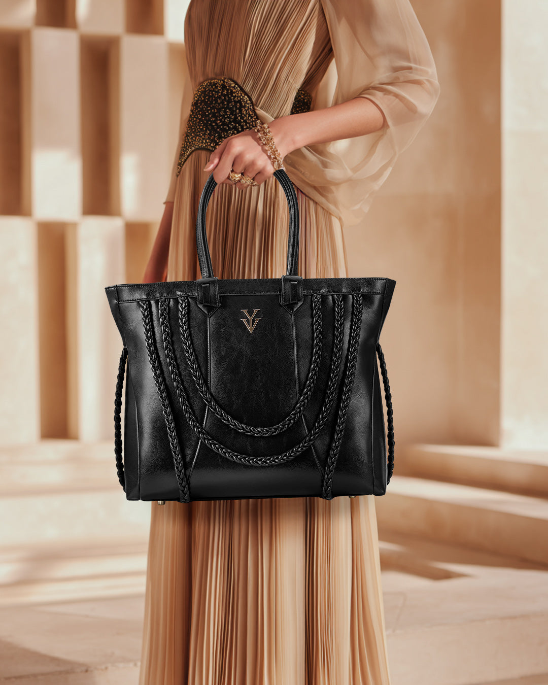 ROMINKA Large Genuine Leather Designer Tote Handbag with Braid Decoration