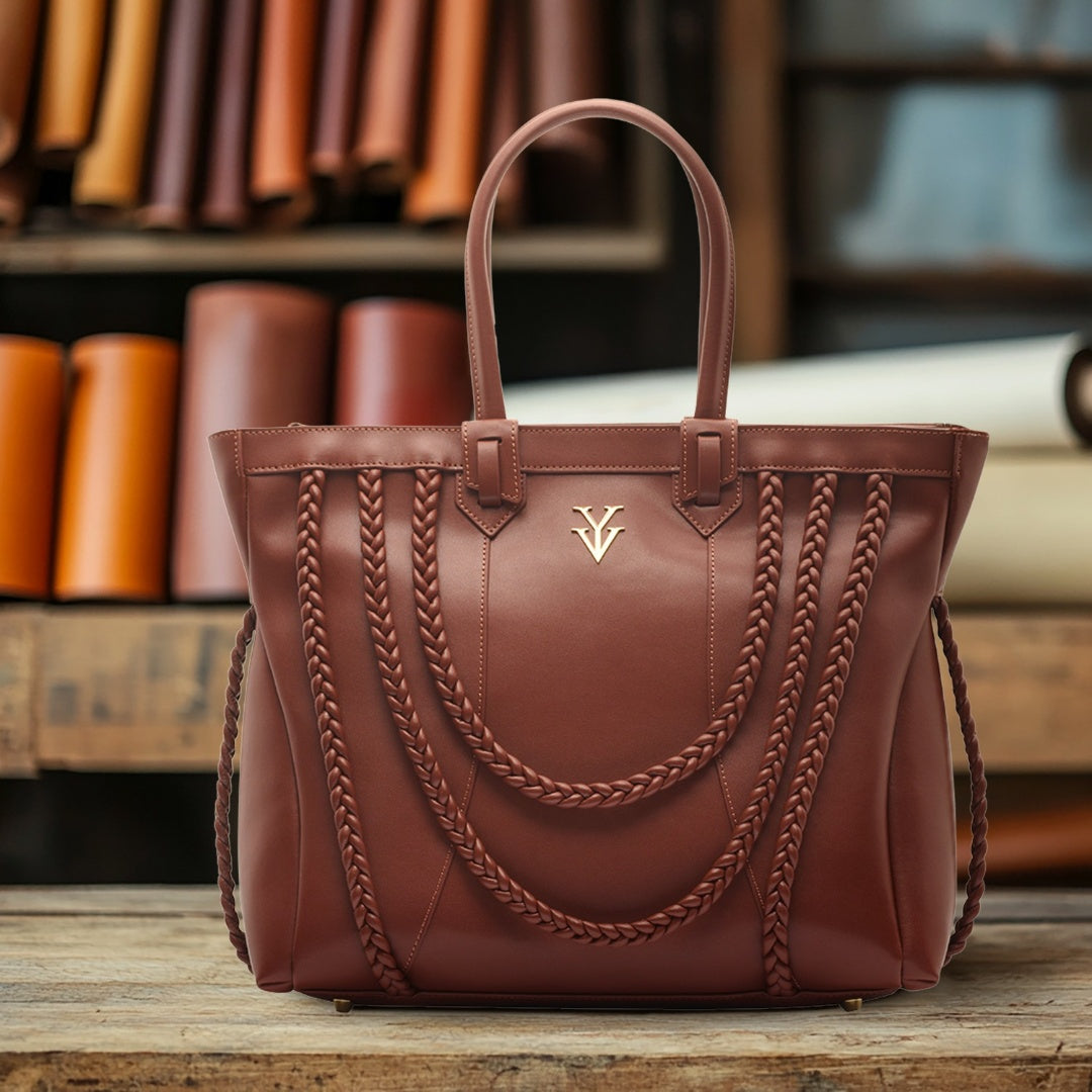 ROMINKA Large Genuine Leather Designer Tote Handbag with Braid Decoration