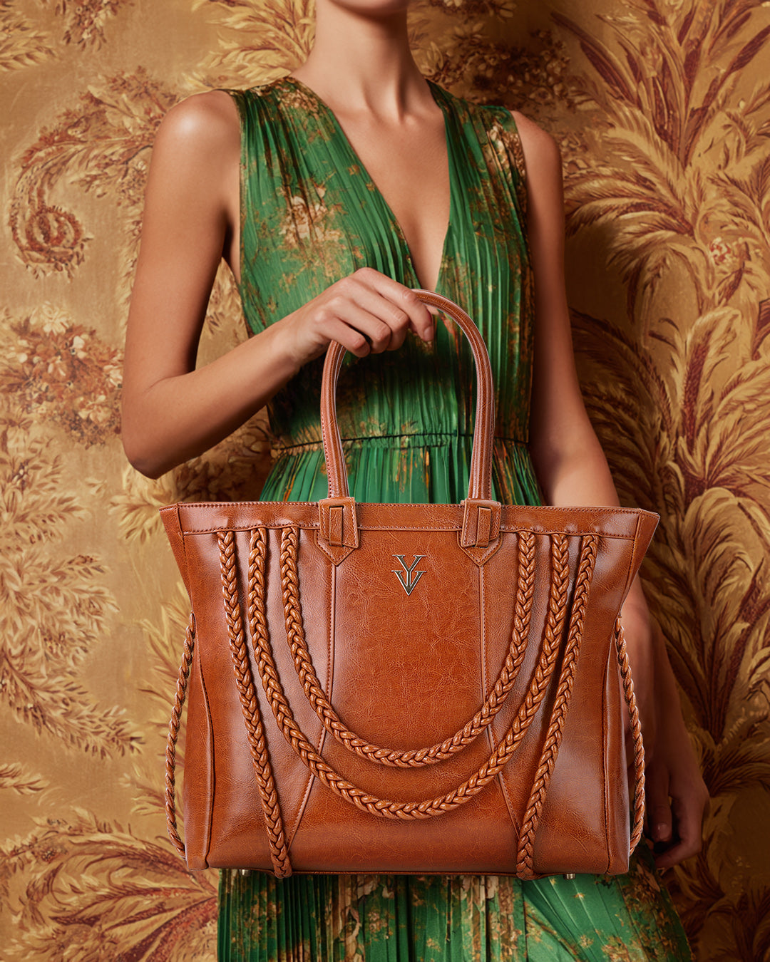 ROMINKA Large Genuine Leather Designer Tote Handbag with Braid Decoration