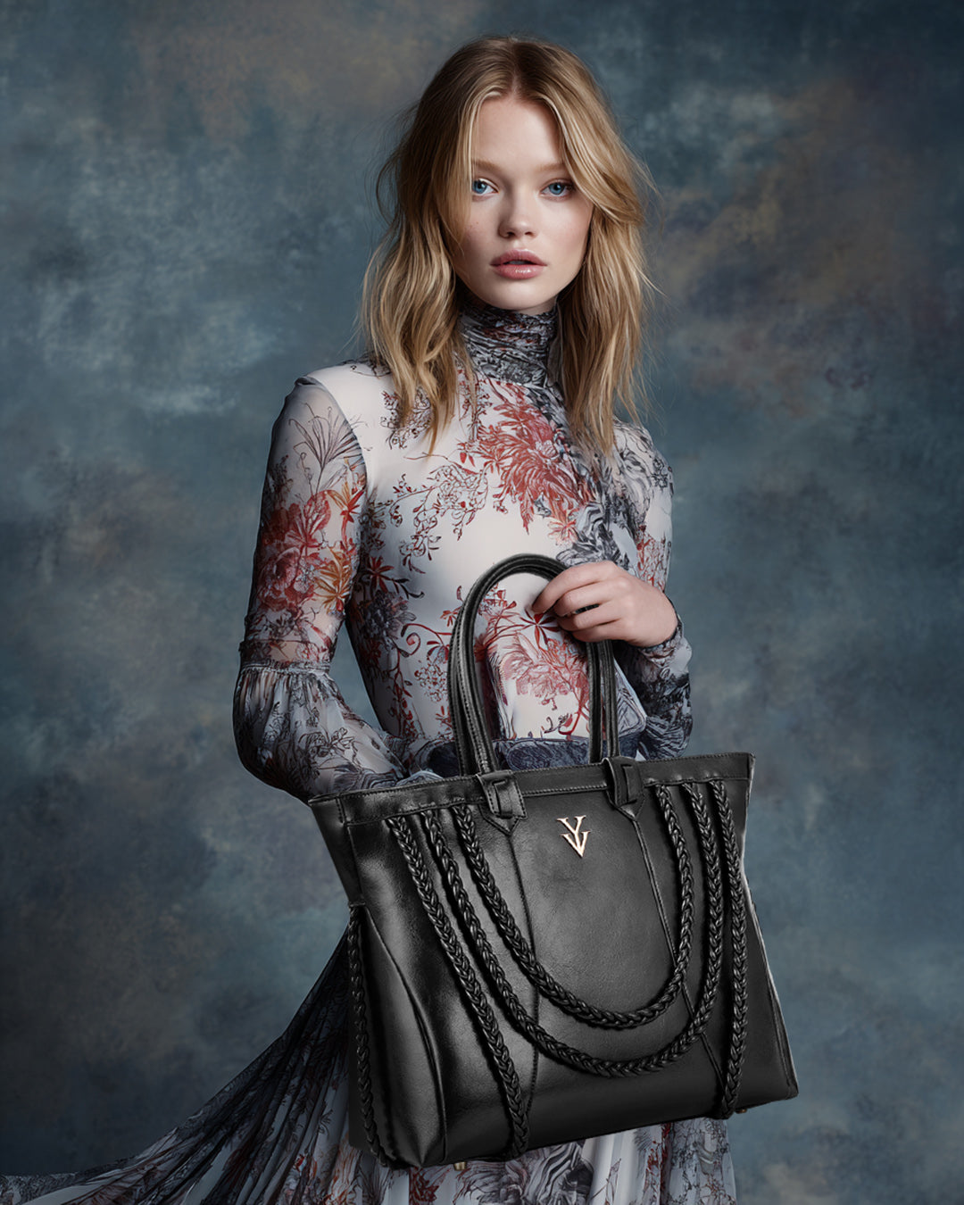 ROMINKA Large Genuine Leather Designer Tote Handbag with Braid Decoration