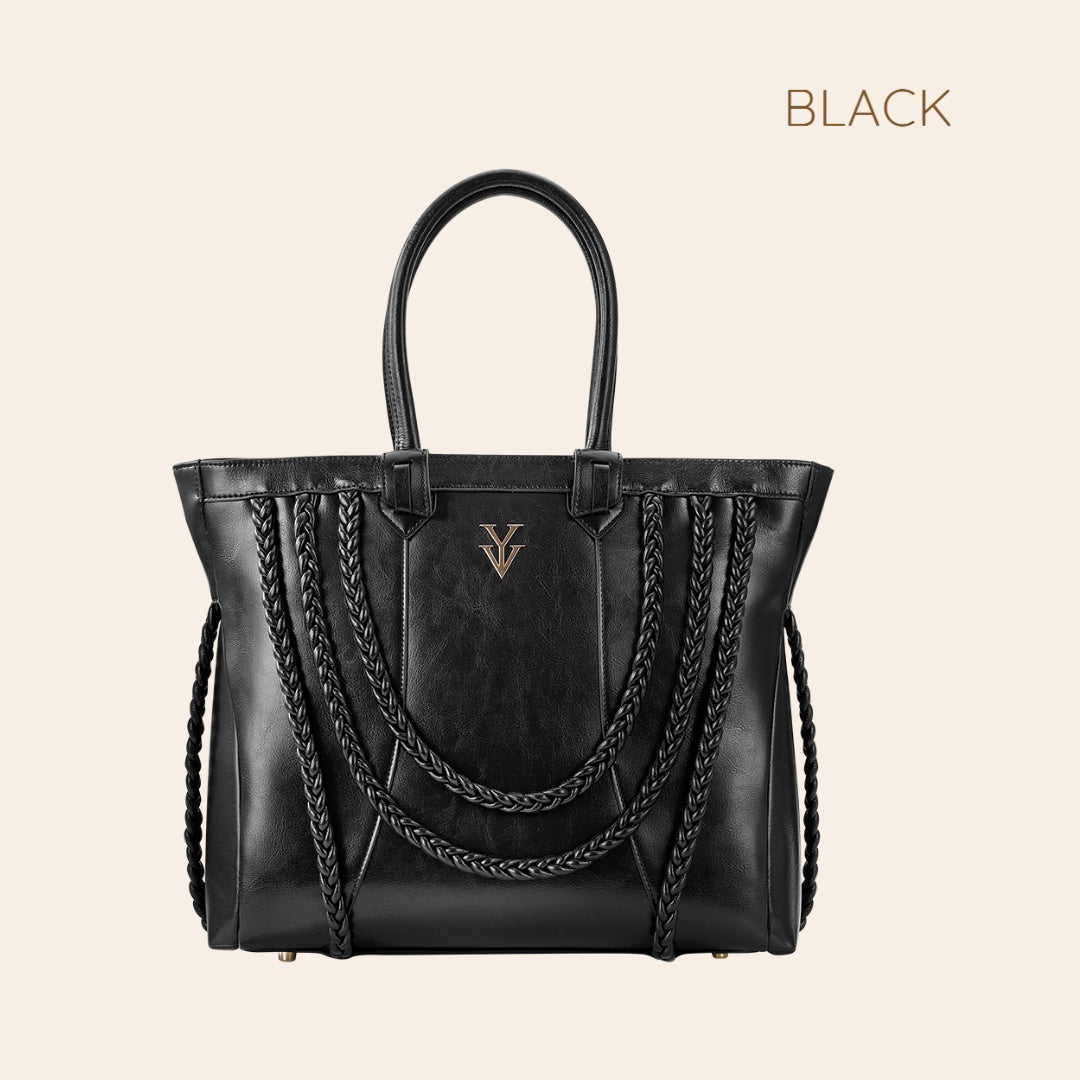 ROMINKA Large Genuine Leather Designer Tote Handbag with Braid Decoration