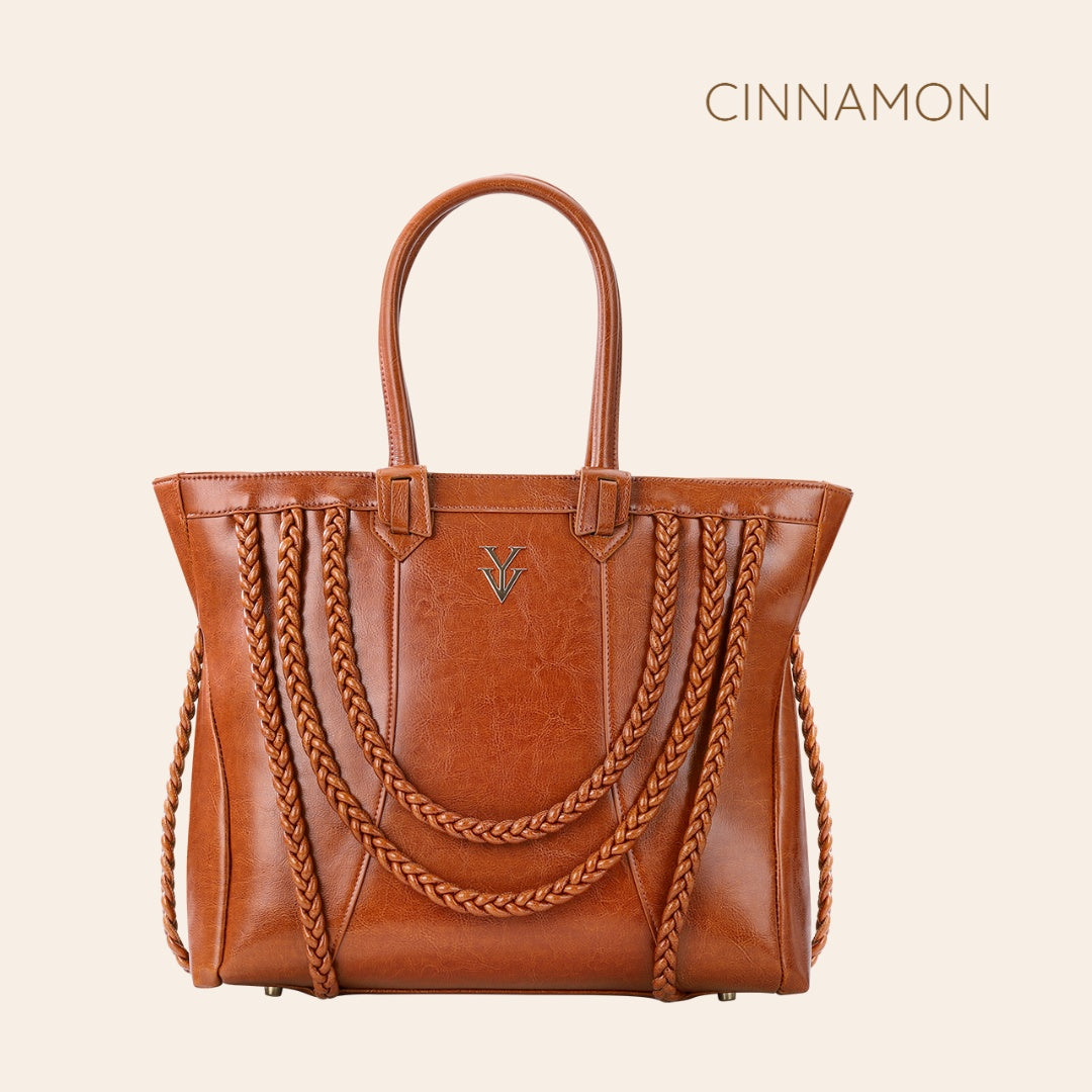 ROMINKA Large Genuine Leather Designer Tote Handbag with Braid Decoration