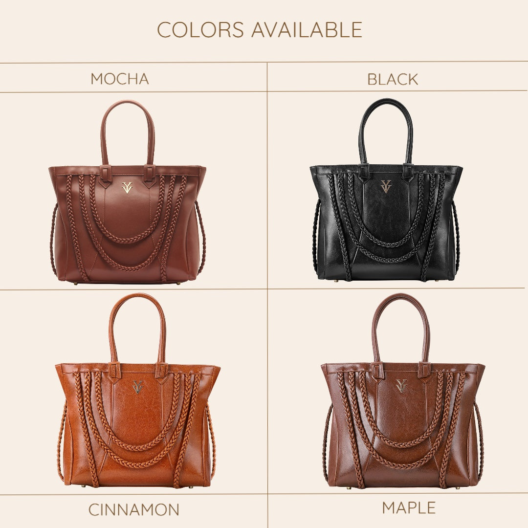 ROMINKA Large Genuine Leather Designer Tote Handbag with Braid Decoration