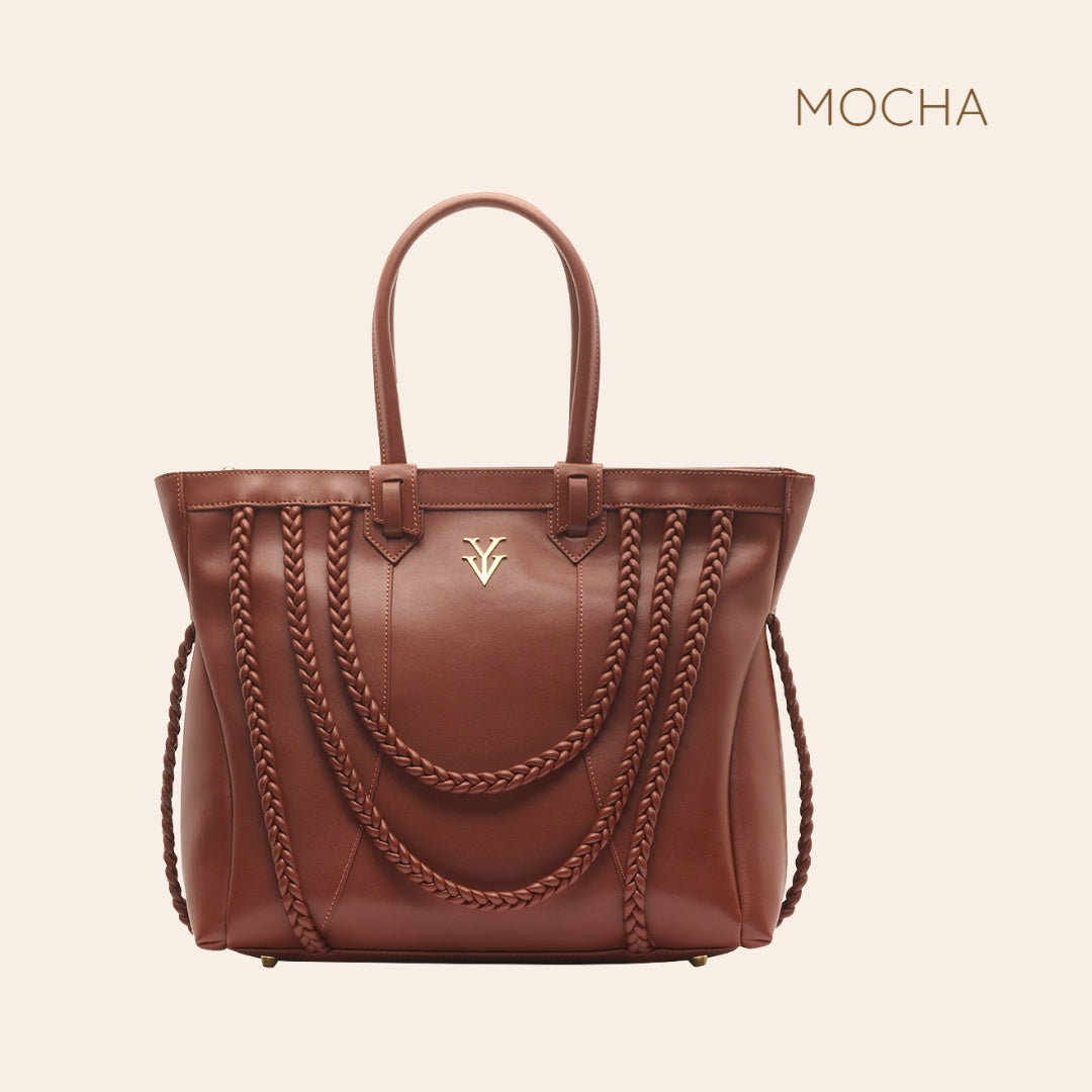 ROMINKA Large Genuine Leather Designer Tote Handbag with Braid Decoration