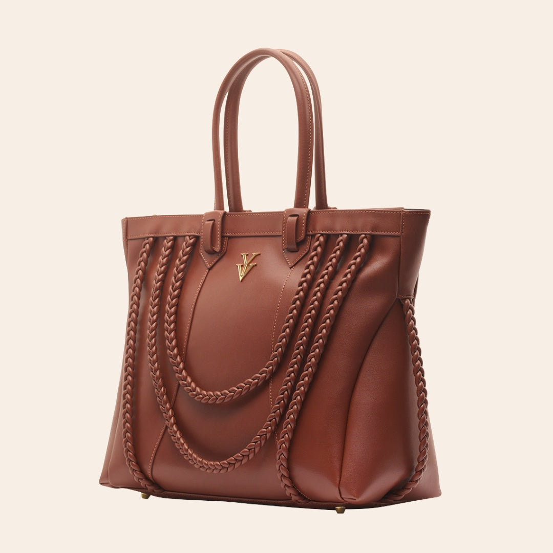 ROMINKA Large Genuine Leather Designer Tote Handbag with Braid Decoration