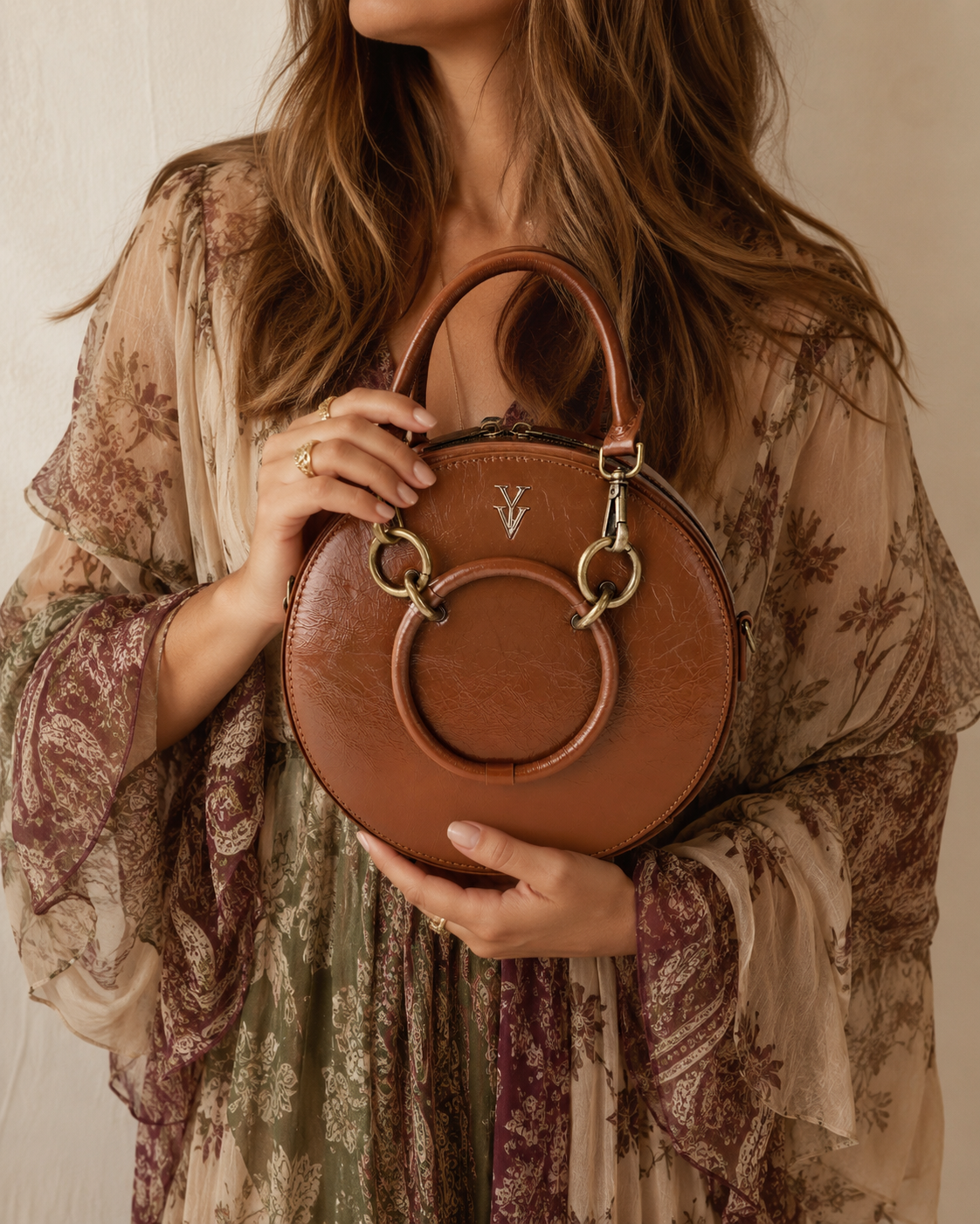 ROZANA Genuine Leather Round Shape Designer Handbag - Terracotta