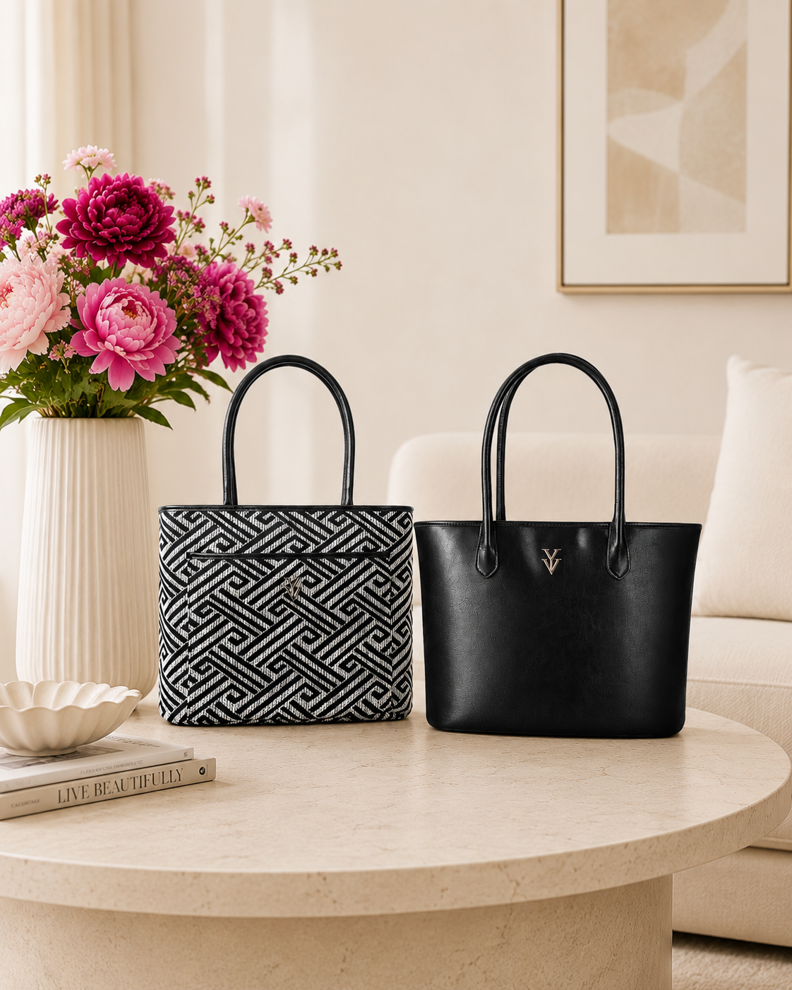TOSCA Reversible Tote - One Bag, Two Styles. Genuine Leather on One Side, Fabric on the Other - Black & Graphite Maze