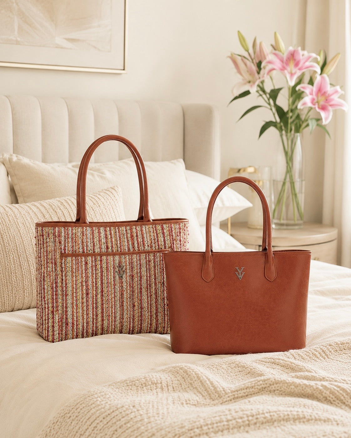TOSCA Reversible Tote - One Bag, Two Styles. Genuine Leather on One Side, Fabric on the Other - Tan & Sunset Tweed